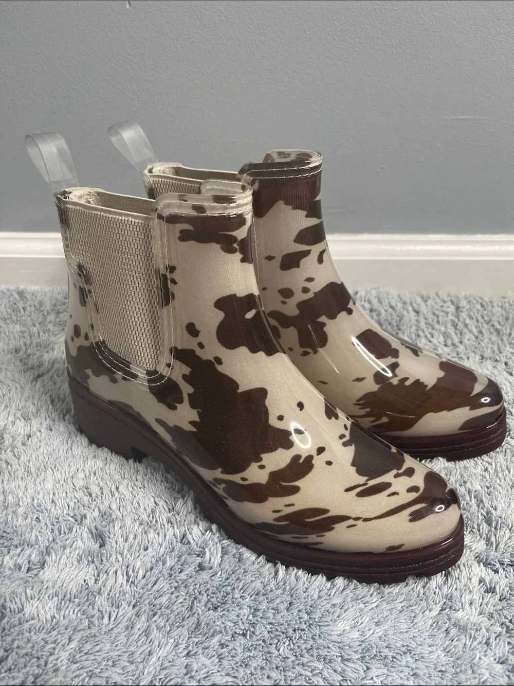 Cow Print Chelsea Rain Boots London Fog Koa Cream Brown Size 8